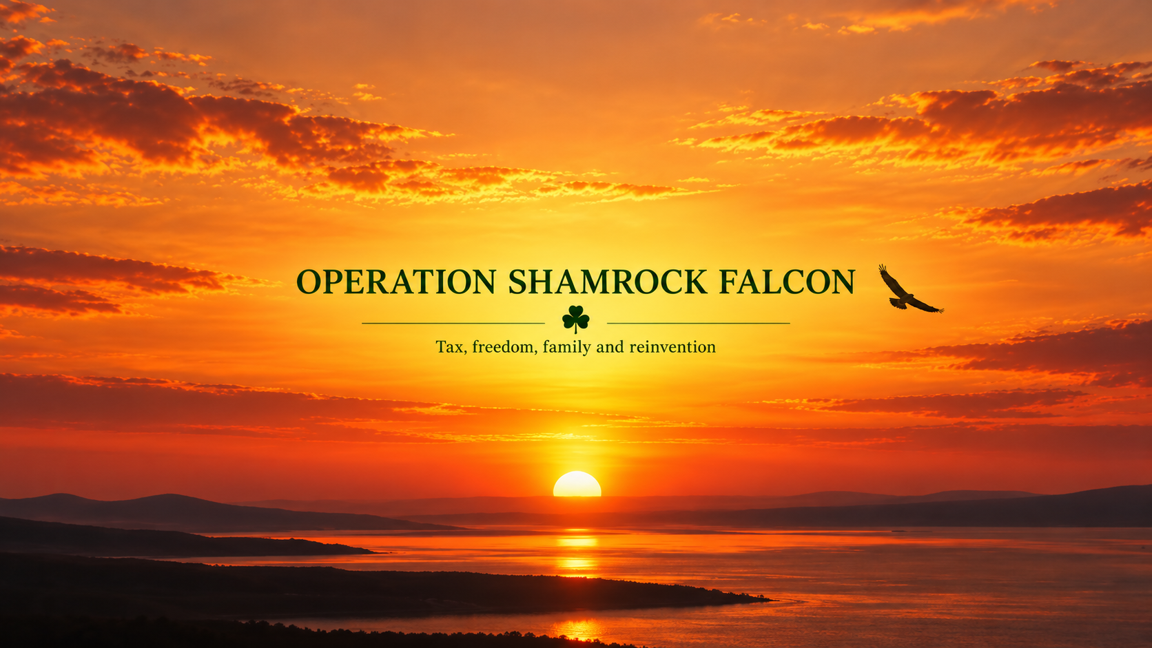A vivid sunset over water, with the words Operation Shamrock Falcon and the tagline Tax, freedom, family and reinvention
